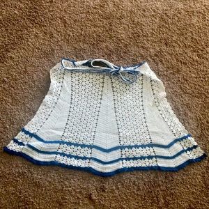 Vintage Hand Crocheted White and Blue Tie Back Kitchen Half Apron Skirt